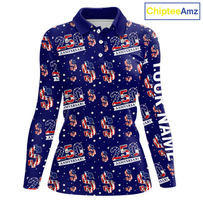 USA 250th Anniversary Womens Long Sleeve Golf Polo Shirt Custom Patriotic American Flag Team Golf Tops NHN0235