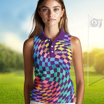 Womens Sleeveless Golf Polo Shirt Custom Checkerboard Argyle Pattern Golf Shirts For Ladies NHN0123