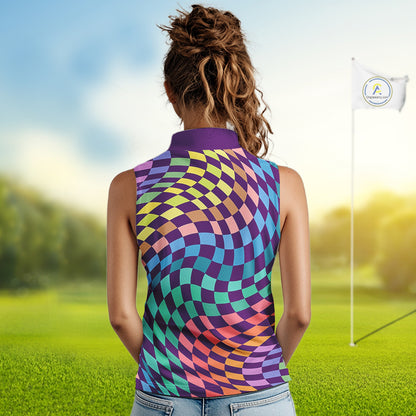 Womens Sleeveless Golf Polo Shirt Custom Checkerboard Argyle Pattern Golf Shirts For Ladies NHN0123