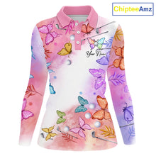 Load image into Gallery viewer, Butterfly Womens Long Sleeve Golf Polo Shirt Custom Name Floral Colorful Watercolor Golf Shirts NHN0126