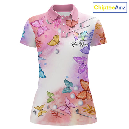 Butterfly Womens Golf Polo Shirt Custom Name Floral Colorful Watercolor Golf Shirts, Golf Gifts NHN0126