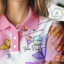 Load image into Gallery viewer, Butterfly Womens Golf Polo Shirt Custom Name Floral Colorful Watercolor Golf Shirts, Golf Gifts NHN0126