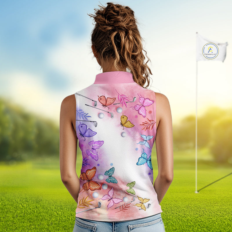 Butterfly Womens Sleeveless Golf Polo Shirt Custom Name Floral Colorful Watercolor Golf Shirts, Golf Gifts NHN0126
