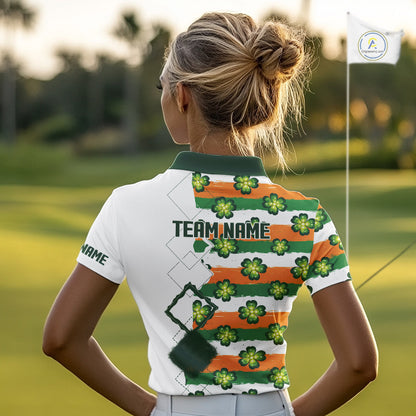 Womens Golf Polos Shirts Custom Green Clover St Patricks Day Pattern Ireland Flag Golf Top Shirt NHN0139