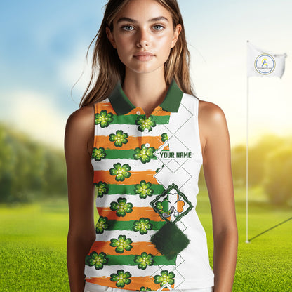 Womens Sleeveless Golf Polo Shirt Custom Green Clover St Patricks Day Pattern Ireland Flag Golf Top NHN0139
