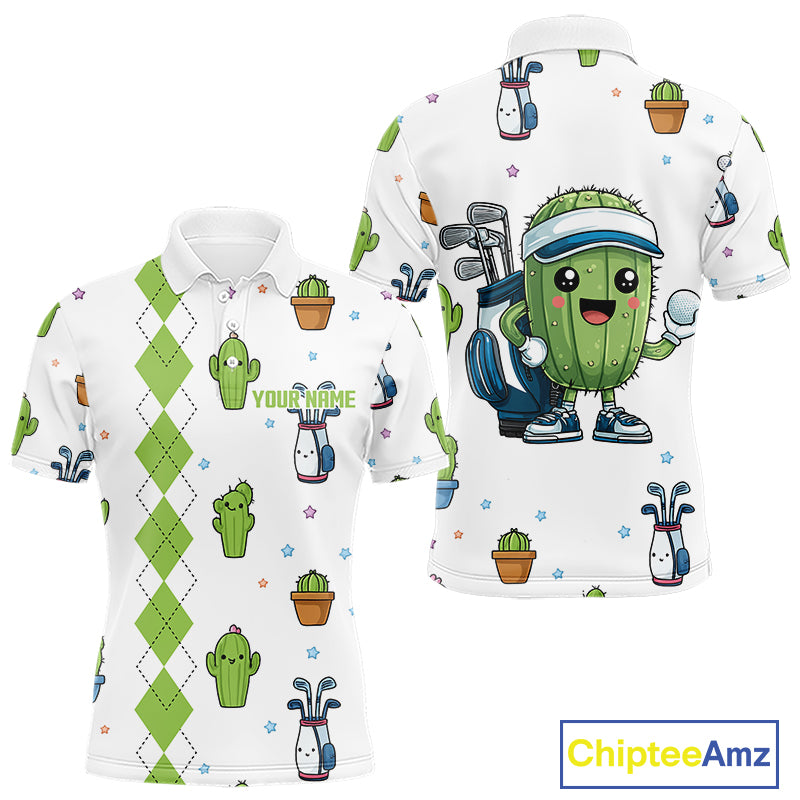 Argyle Pattern Mens Golf Polo Shirts Funny Cactus Flower Custom Cactus Golf Shirt Golfer Gifts NHN0012