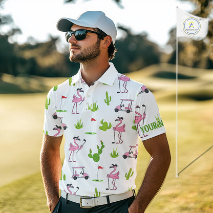 Flamingo Cactus Desert Pattern Mens Golf Polo Shirts Custom Cactus Golf Shirt Personalized NHN0150