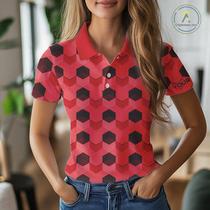 Plaid Womens Golf Polo Shirt Custom Abstract Red Hexagon Pattern Golf Shirts For Ladies NHN0156