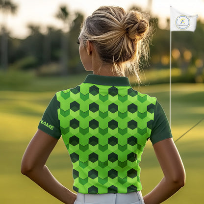Plaid Womens Golf Polo Shirt Custom Abstract Green Hexagon Pattern Golf Shirts For Ladies NHN0156