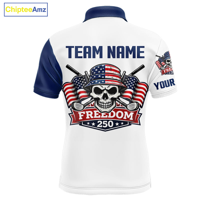 Mens Golf Polo Shirt Custom 250th Anniversary American Flag Skull Golf Shirt, Group Golf Gift NHN0143