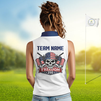 Womens Sleeveless Golf Polo Shirt Freedom 250th Anniversary American Flag Skull Golf Shirts Patriotic Gift NHN0143