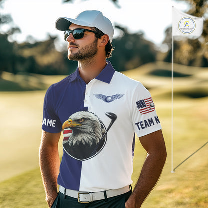 American Flag Eagle Mens Golf Polo Shirts Custom Patriotic Eagle Blue & White Golf Attire For Men NHN0041