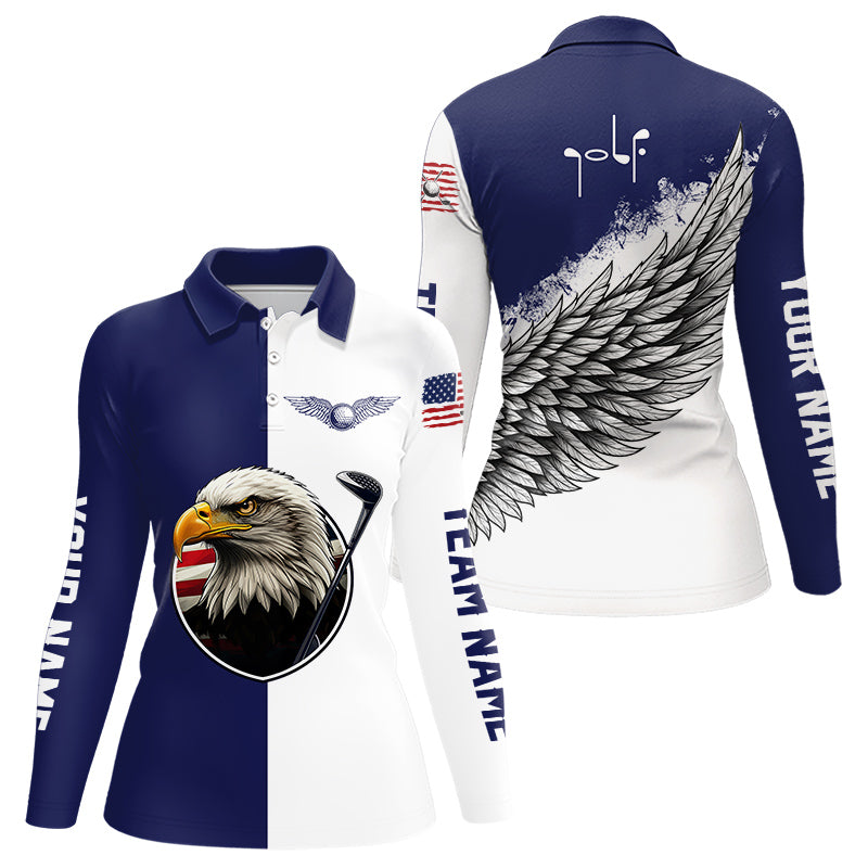 American Flag Eagle Womens Long Sleeve Polo Golf Shirts Custom Patriotic Blue and White Golf Attire NHN0041