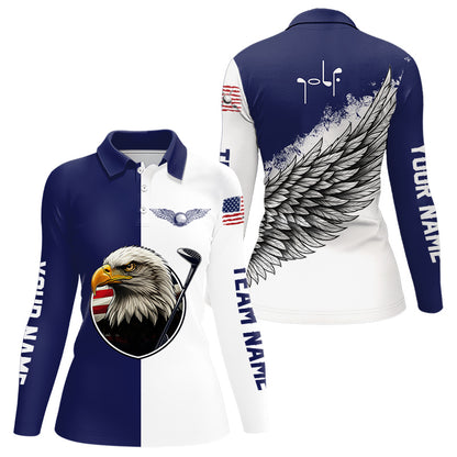 American Flag Eagle Womens Long Sleeve Polo Golf Shirts Custom Patriotic Blue and White Golf Attire NHN0041