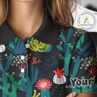 Funny Desert Cactus Pattern Womens Golf Polo Shirts Custom Cactus Golf Shirt For Ladies, Golfer Gift NHN0186
