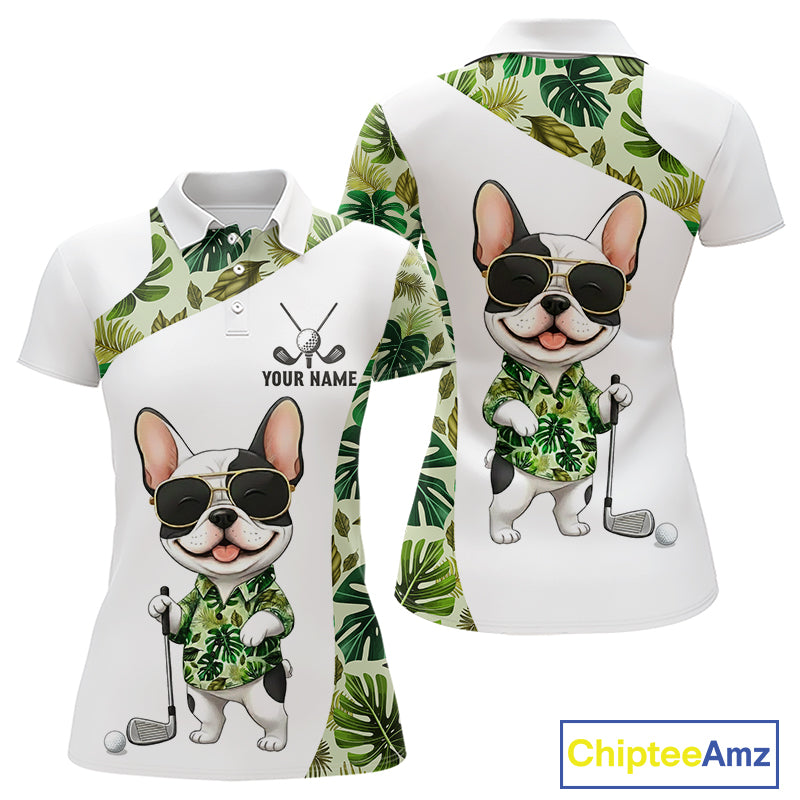 Green Tropical Pattern Womens Golf Polo Shirts Custom Cute Bulldog Golf Tops, White Ladies Golf Outfit NHN0067