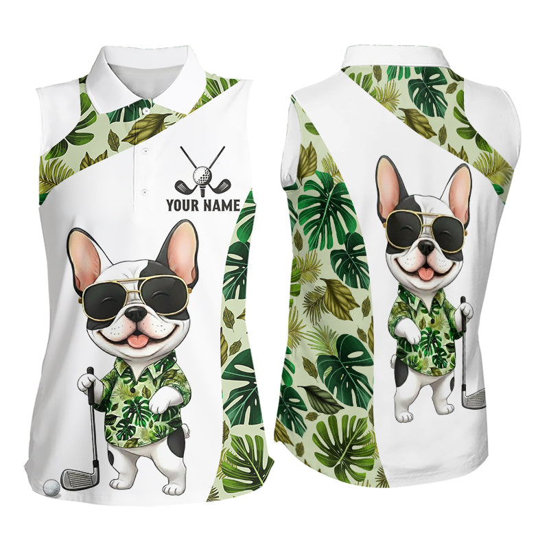 Green Tropical Womens Sleeveless Golf Polo Shirt Custom Cute Bulldog Golf Tops, White Golf Outfit NHN0067
