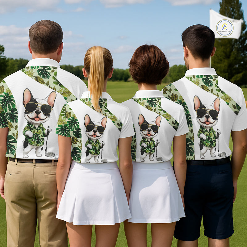 Green Tropical Pattern Mens Golf Polo Shirts Custom Cute Bulldog Golf Tops, White Golf Outfit For Men NHN0067