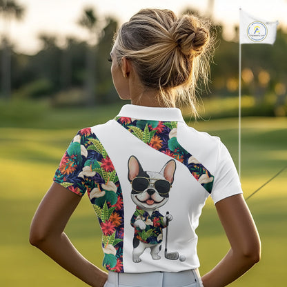 Funny Womens Golf Polo Shirt Custom Tropical Leaf Pattern Personalized Bulldog Golf Shirts For Women NHN0067