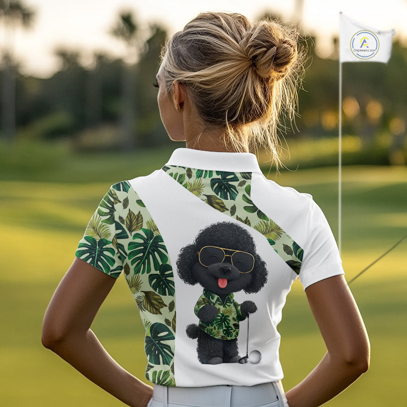 Funny Womens Golf Polo Shirt Custom Tropical Leaf Pattern Personalized Poodle Dog Golf Shirts For Women NHN0067
