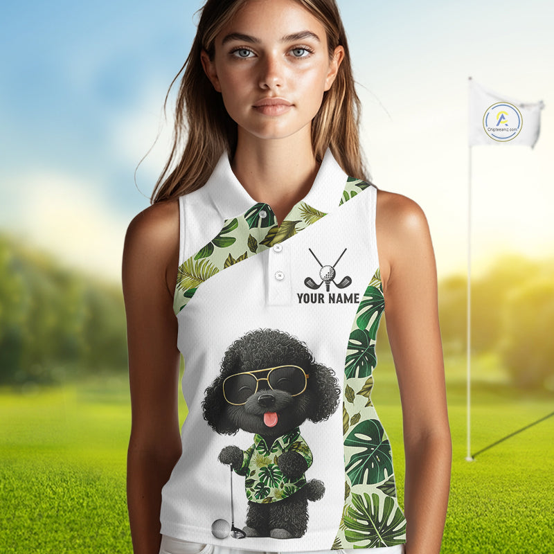 Funny Womens Sleeveless Golf Polo Shirt Tropical Leaf Pattern Personalized Poodle Dog Golf Shirts NHN0067