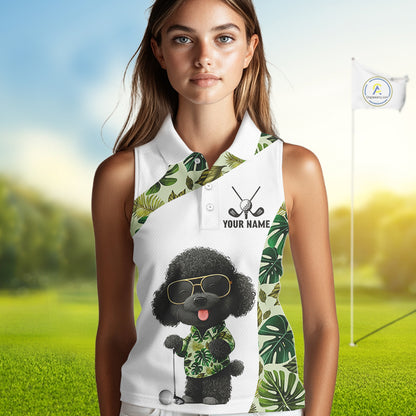 Funny Womens Sleeveless Golf Polo Shirt Tropical Leaf Pattern Personalized Poodle Dog Golf Shirts NHN0067