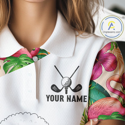 Funny Womens Golf Polo Shirt Custom Tropical Flamingo Pink Pattern, White Poodle Golf Outfit NHN0067