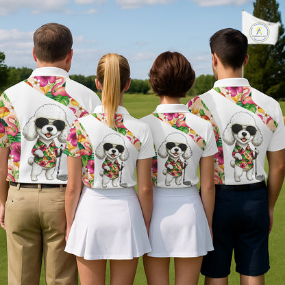 Funny Womens Golf Polo Shirt Custom Tropical Flamingo Pink Pattern, White Poodle Golf Outfit NHN0067