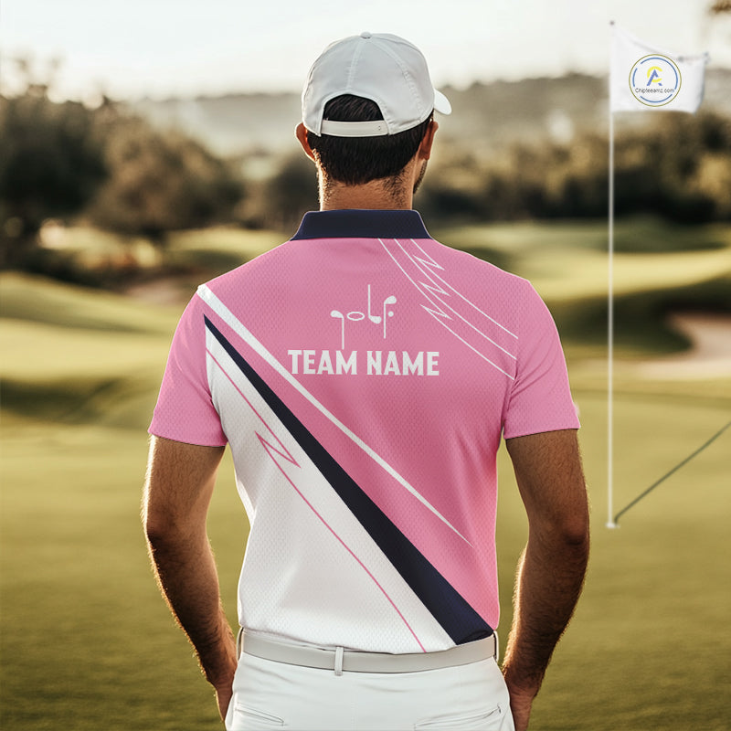 Mens Golf Polo Shirt Custom Blue And Pink Golf Shirt, White Team Golf Shirts Personalized  NHN0075