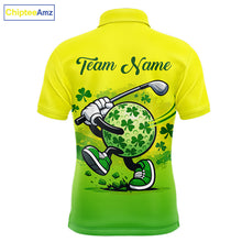 Load image into Gallery viewer, Neon Green Mens Golf Polo Shirt Custom Name Green Clover St Patrick Day Golf Shirts For Men NHN0206