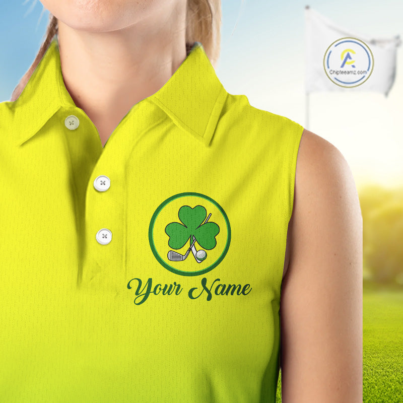 Neon Green Womens Sleeveless Golf Polo Shirt Custom Name Green Clover St Patrick Day Golf Shirts, Golfer Gift NHN0206