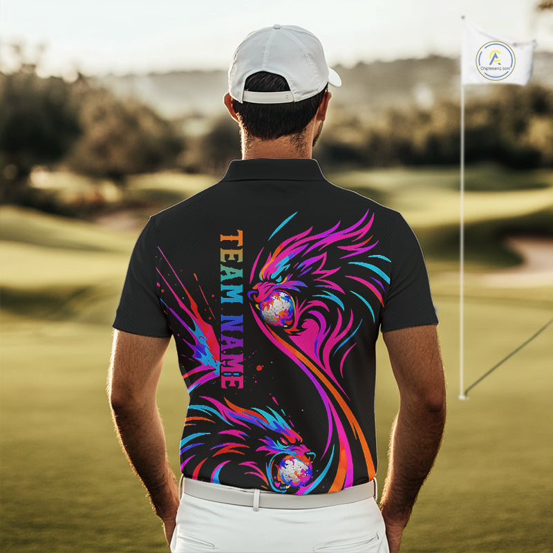 Wolf Mens Golf Polo Shirt Custom Neon Purple Pattern Team Golf Tops, Black Golf Outfit For Men NHN0085