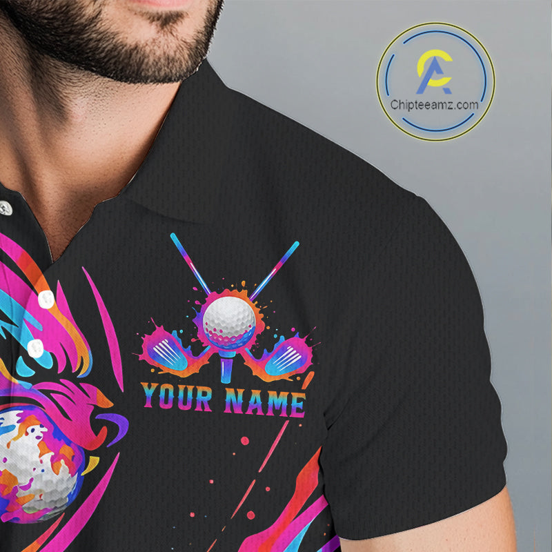 Wolf Mens Golf Polo Shirt Custom Neon Purple Pattern Team Golf Tops, Black Golf Outfit For Men NHN0085