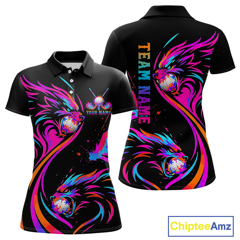 Wolf Womens Golf Polo Shirt Custom Neon Purple Pattern Team Golf Tops, Black Golf Outfit For Ladies NHN0085