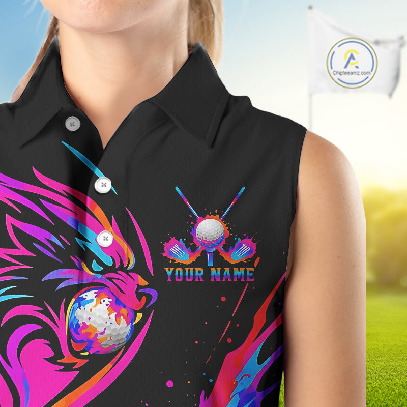 Wolf Womens Sleeveless Golf Polo Shirt Custom Neon Purple Pattern Team Golf Tops, Black Golf Outfit NHN0085