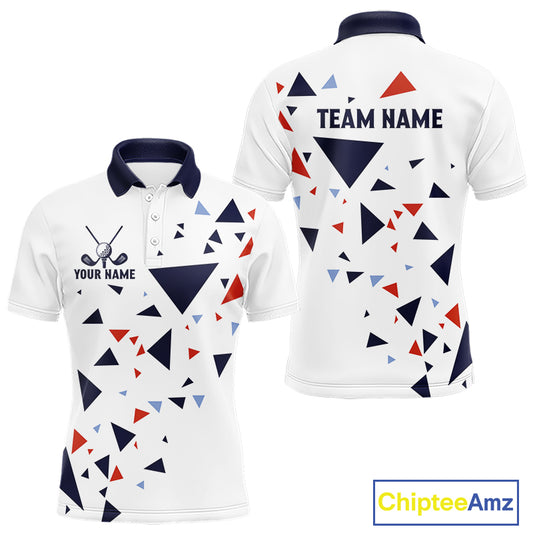 Mens Golf Polo Shirt Custom Orange And Blue Triangle Pattern Team Golf Tops, White Golf Attire NHN0086