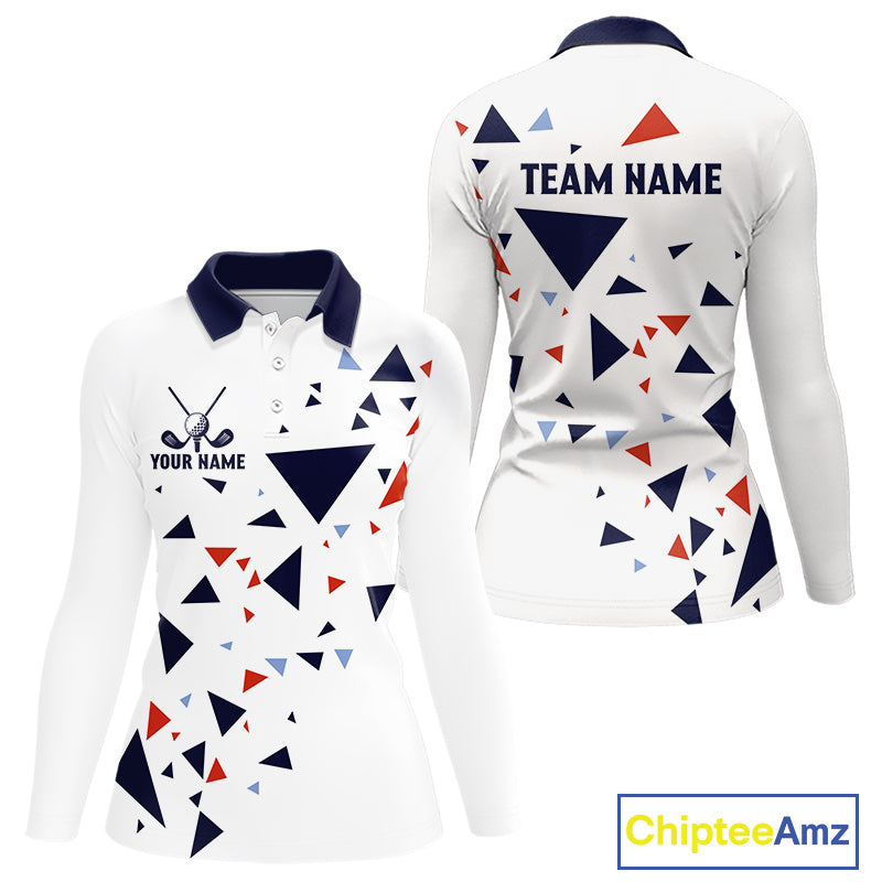 Womens Long Sleeve Golf Polo Shirt Custom Orange & Blue Triangle Pattern Team Golf Tops, White Golf Attire NHN0086