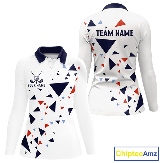 Womens Long Sleeve Golf Polo Shirt Custom Orange & Blue Triangle Pattern Team Golf Tops, White Golf Attire NHN0086