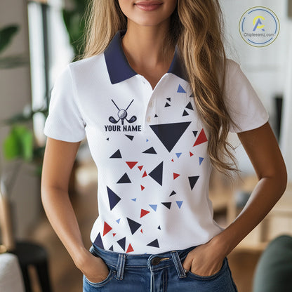 Womens Golf Polo Shirt Custom Orange And Blue Triangle Pattern Team Golf Tops, White Golf Attire NHN0086