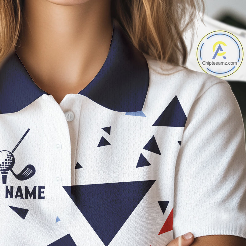 Womens Golf Polo Shirt Custom Orange And Blue Triangle Pattern Team Golf Tops, White Golf Attire NHN0086