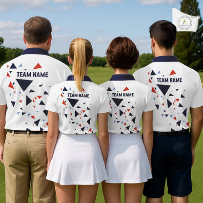 Mens Golf Polo Shirt Custom Orange And Blue Triangle Pattern Team Golf Tops, White Golf Attire NHN0086