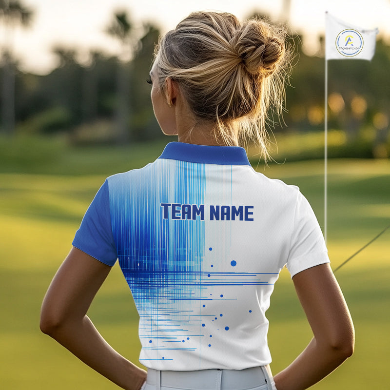Womens Golf Polo Shirt Custom Blue Pattern Team Golf Tops, White Golf Golf Outfit For Women NHN0087