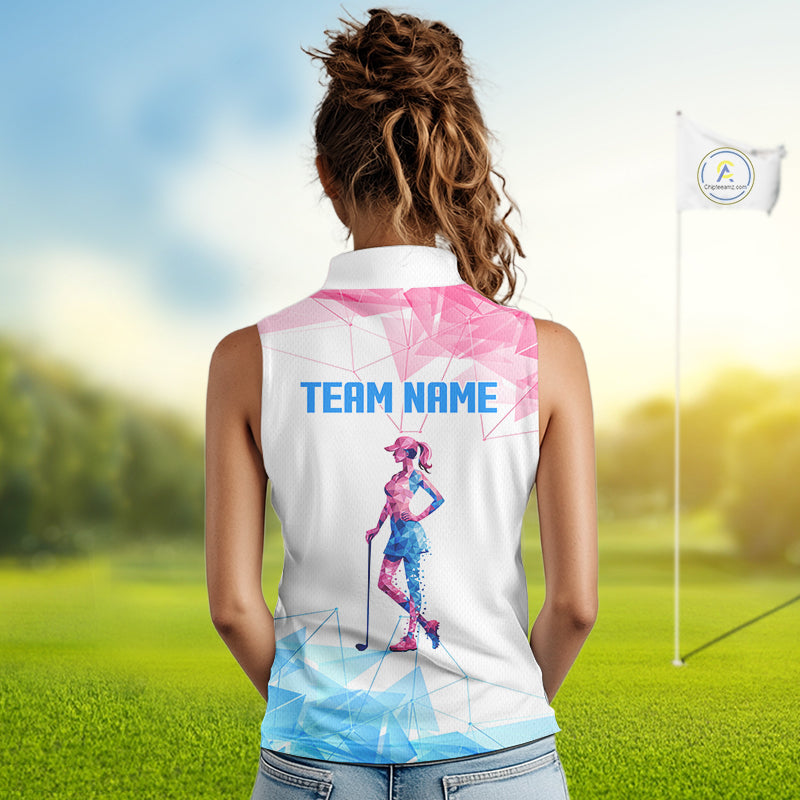 Womens Sleeveless Golf Polo Shirt Blue And Pink Polygonal Pattern Custom White Golf Clubs Golf Shirts NHN0098