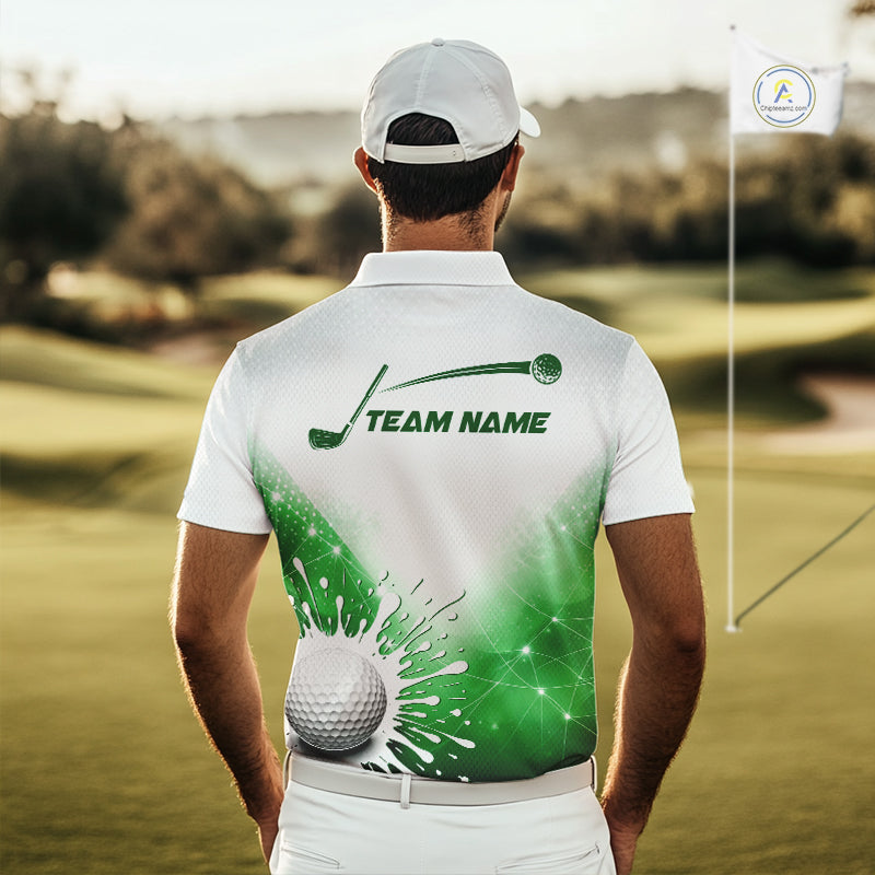 Green Geometric Triangle Pattern Mens Golf Polo Shirt Custom Watercolor Golf Ball White Golf Tops NHN0119