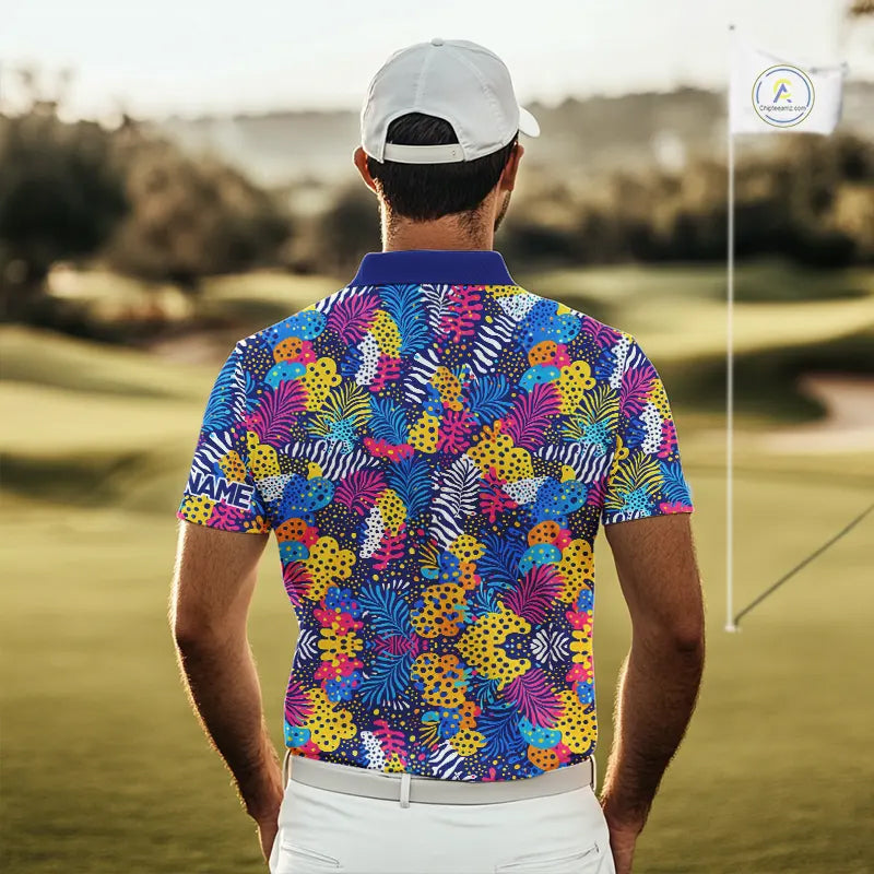 Colorful Paisley Pattern Mens Golf Polo Shirts Custom Tropical Golf Attire For Team NHN0147