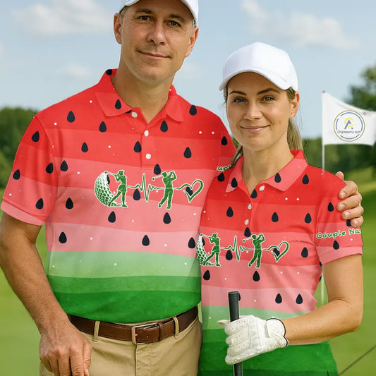 Watermelon Polo Shirt For Women Men, Heartbeat Couple Matching Golf Polo Shirt Custom Valentines Outfit NHN0148