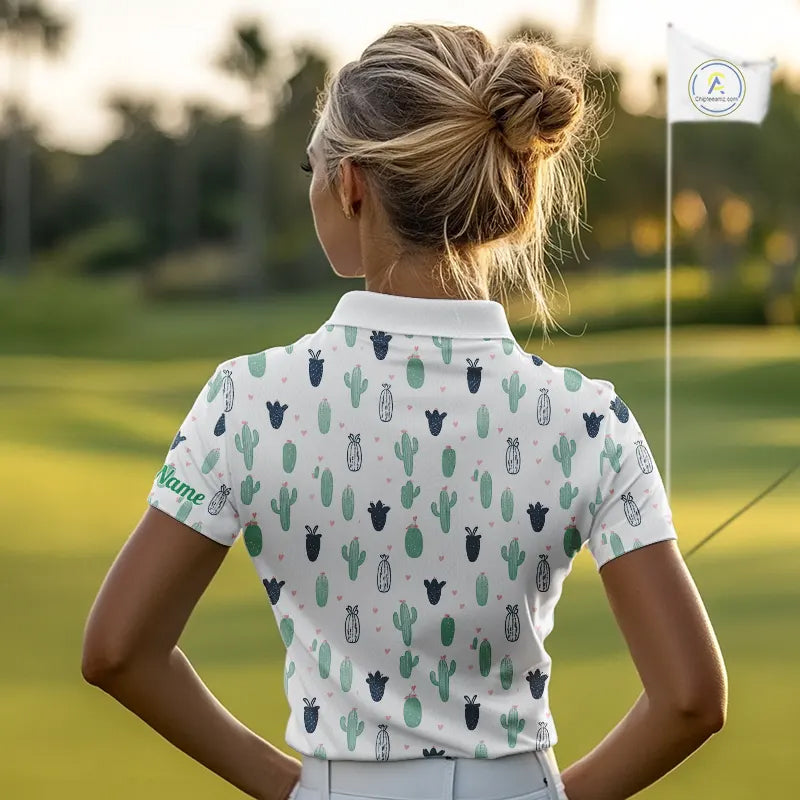 Funny Cactus Flower Pattern Womens Golf Polo Shirts Custom, Cactus Golf Shirt Personalized NHN0151