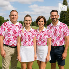 Load image into Gallery viewer, Pink Plaid Womens Golf Polo Shirt Custom Pink Ribbon Breast Cancer Awareness Team Golf Tops NHN0165