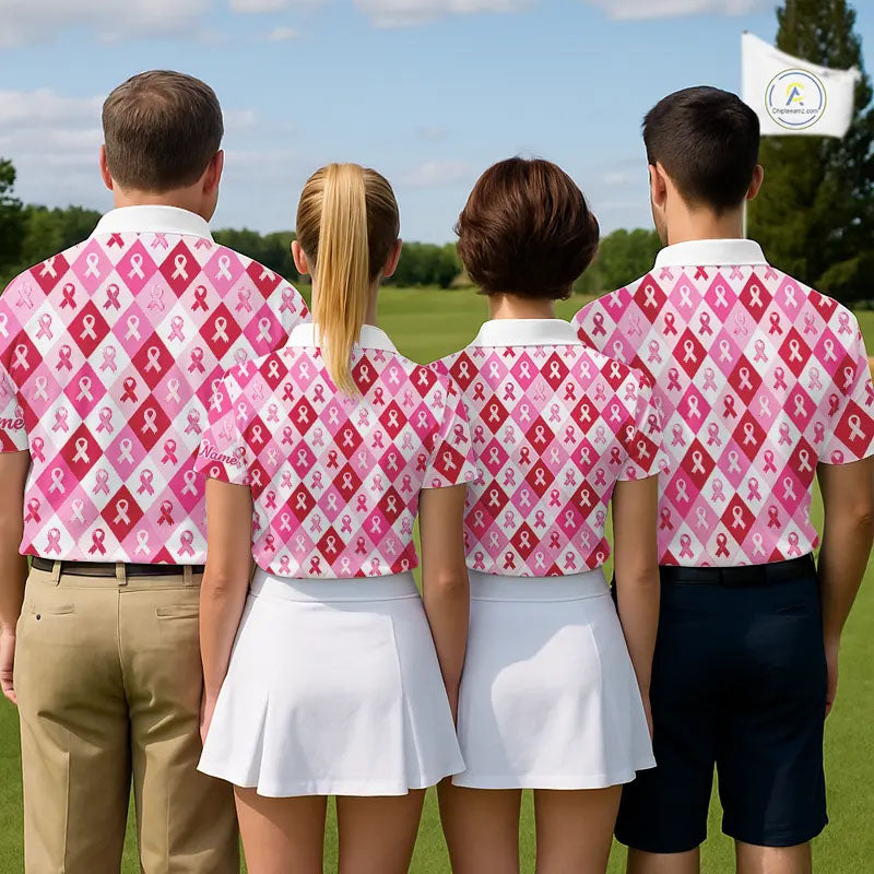 Pink Plaid Mens Golf Polo Shirt Custom Pink Ribbon Breast Cancer Awareness Team Golf Tops, Golf Gifts NHN0165