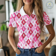 Load image into Gallery viewer, Pink Plaid Womens Golf Polo Shirt Custom Pink Ribbon Breast Cancer Awareness Team Golf Tops NHN0165